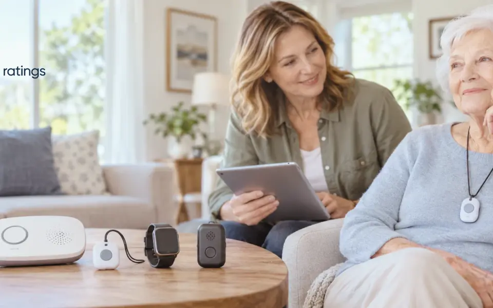 Senior woman wearing a wearable medical alert button pendant around her neck at home.