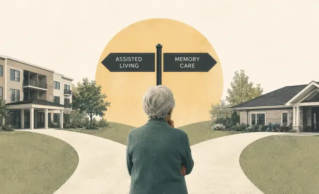 An older adult with cognitive decline sitting with an adult child discussing care options in a living room.