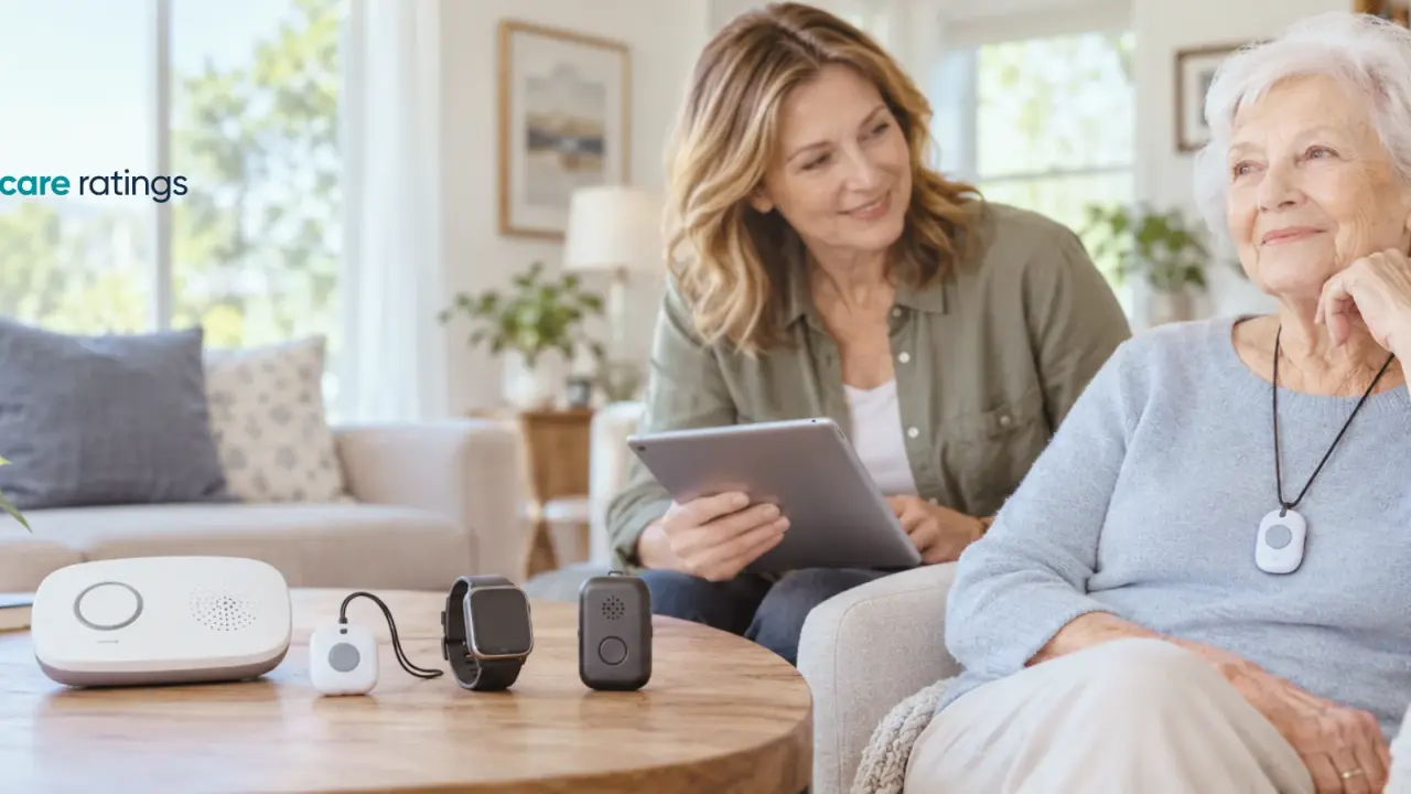 Senior woman wearing a wearable medical alert button pendant around her neck at home.
