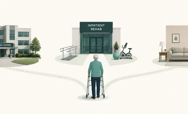 Older adult in physical therapy with a clinician assisting with walking exercises.