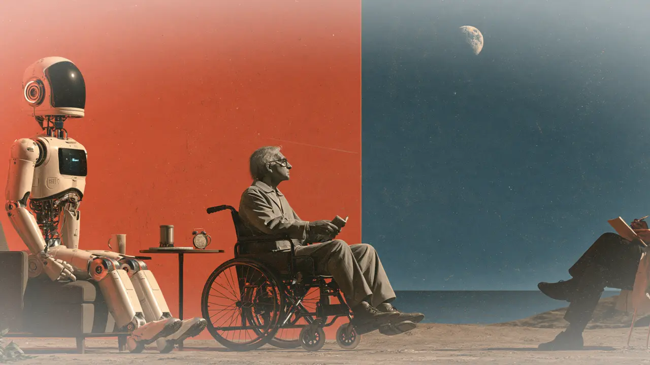 Person receiving care from a caregiver while a digital interface appears in the background