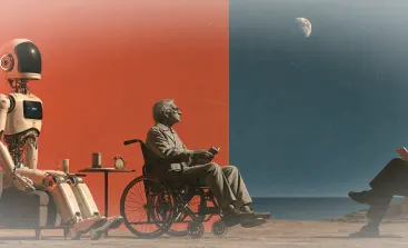 Person receiving care from a caregiver while a digital interface appears in the background