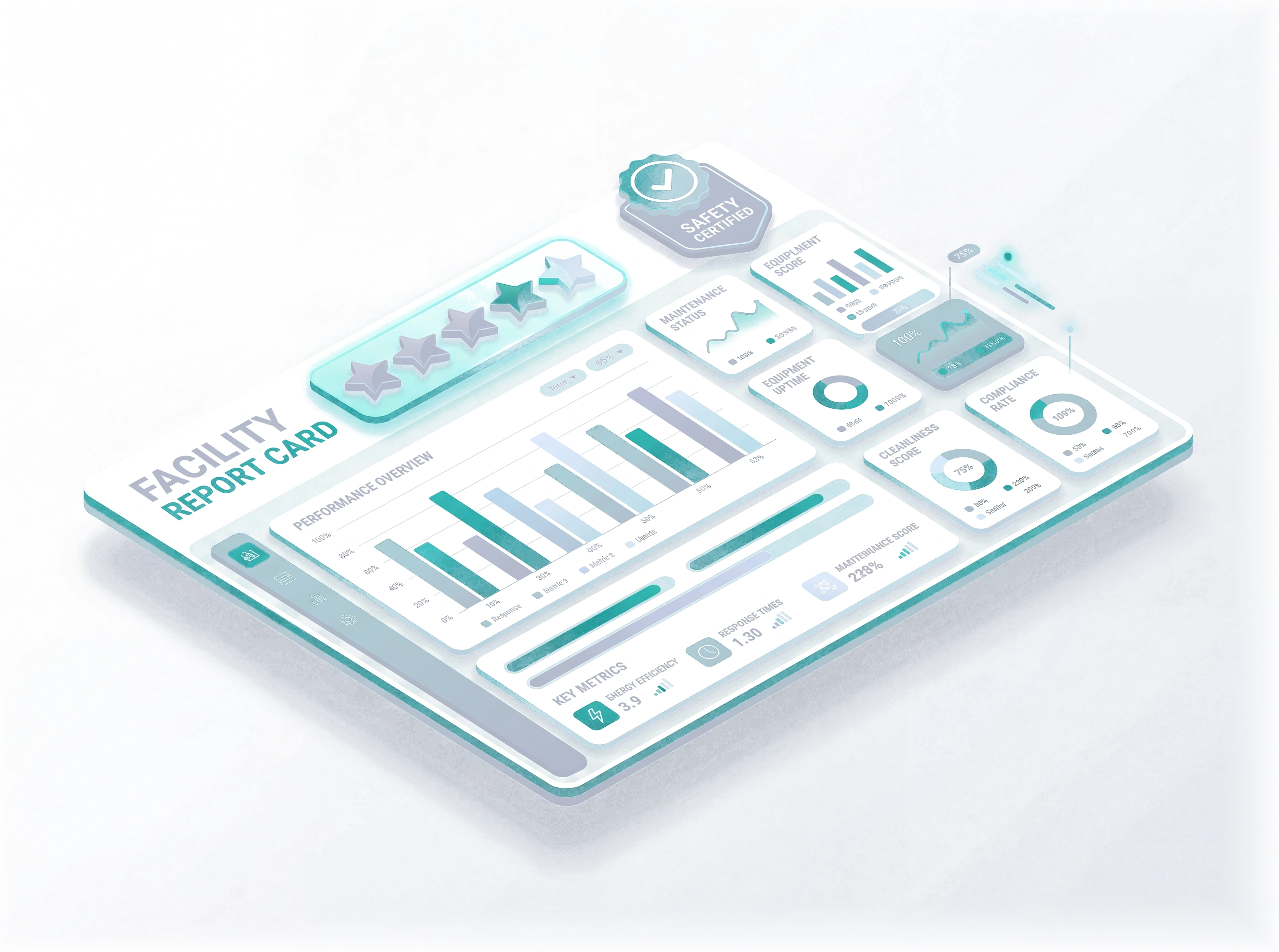 Care Ratings Facility Report Card — Government-Verified Quality Scorecard Facility Report Card showing overall performance rating, safety score, staff performance metrics, and maintenance efficiency data